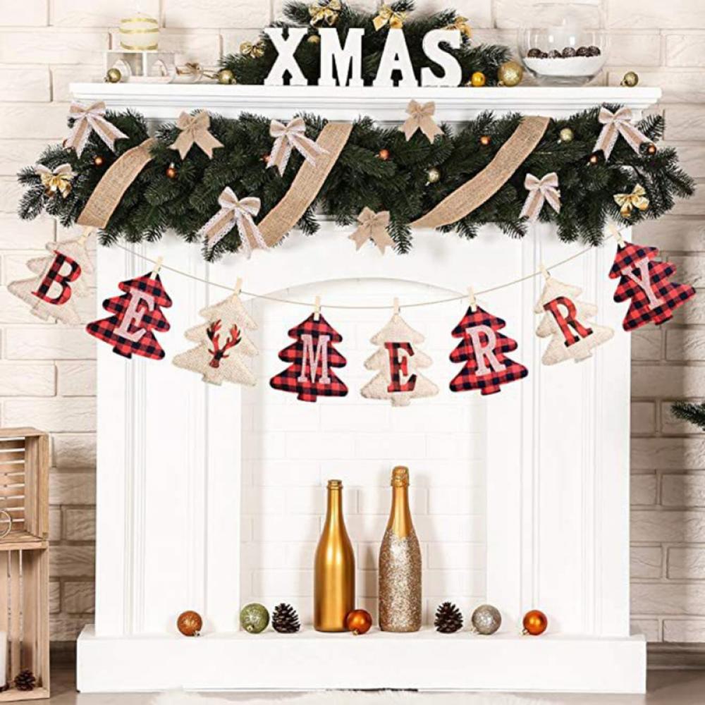 Christmas Banner, Rustic Christmas Decorations, Christmas Tree Ornaments, Farmhouse Christmas Decor, Burlap Tree Shaped Banner, Vintage Xmas Decorations Indoor, Merry Christmas Party Decorations